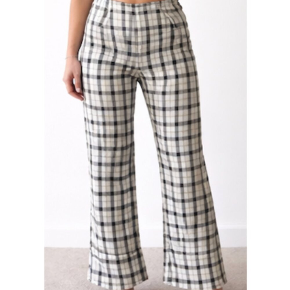 Princess Polly Cream and Black Plaid Straight Leg Pant